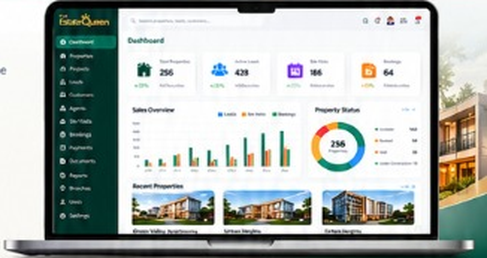 EstateQueen dashboard with sales overview, property status and recent properties