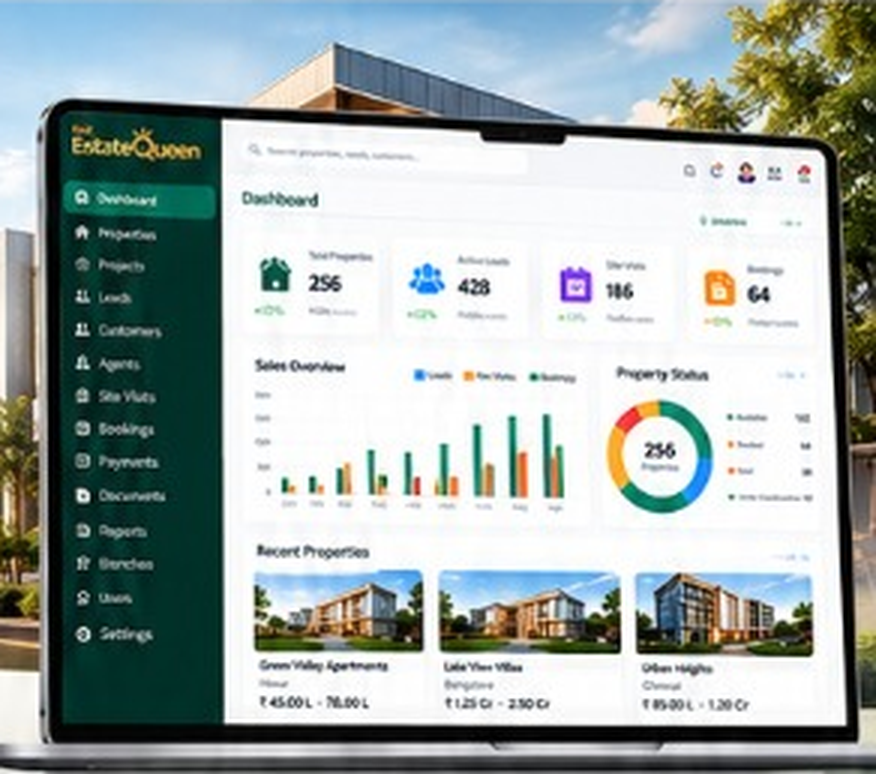 EstateQueen dashboard on a laptop in front of a modern residential building